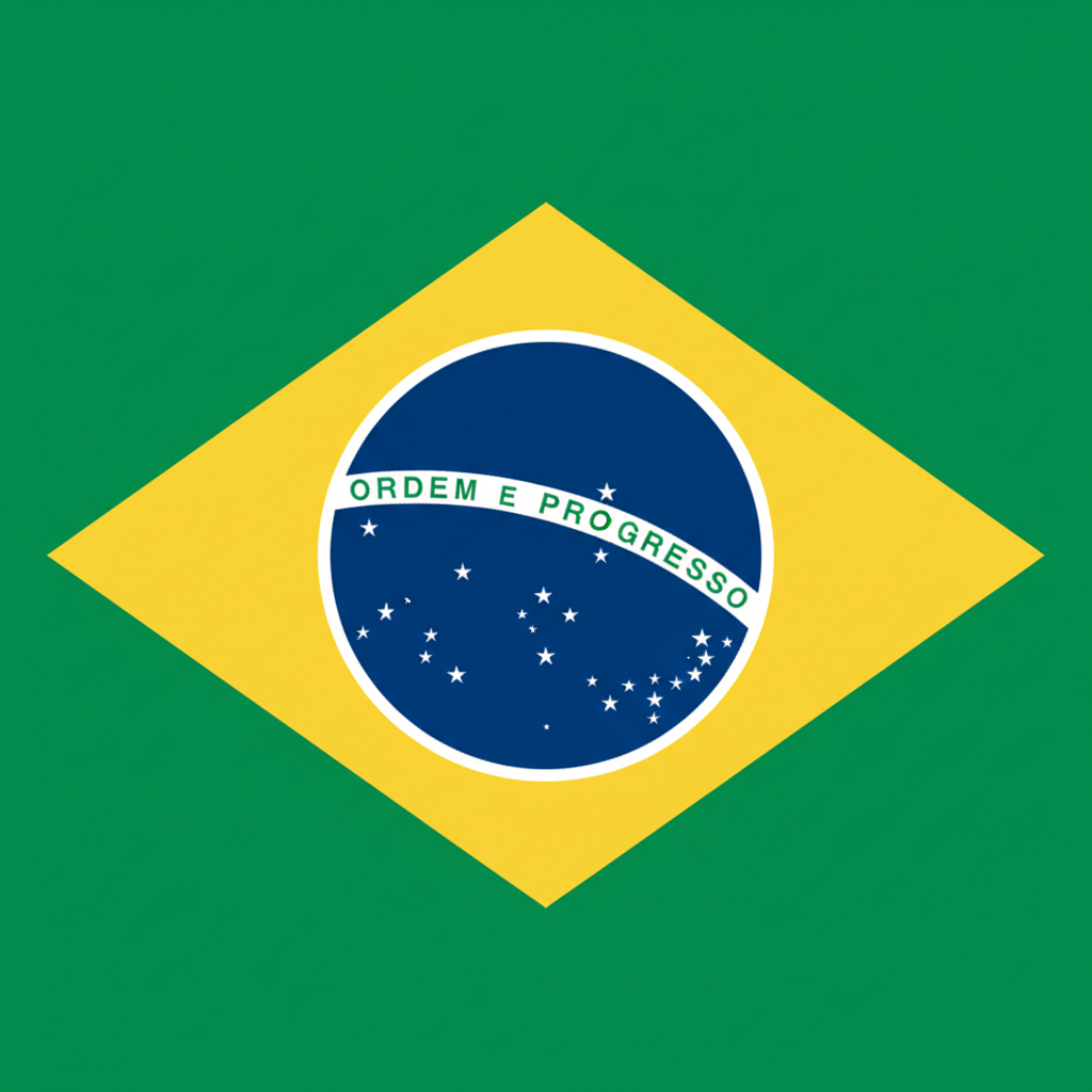Brazilian flag with green background, yellow diamond, blue circle with stars and national motto