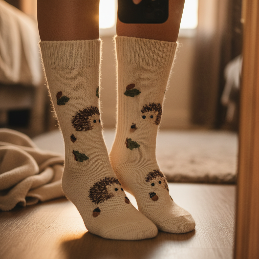 Blurry warm-lit mirror selfie of a person wearing hedgehog embroidered socks