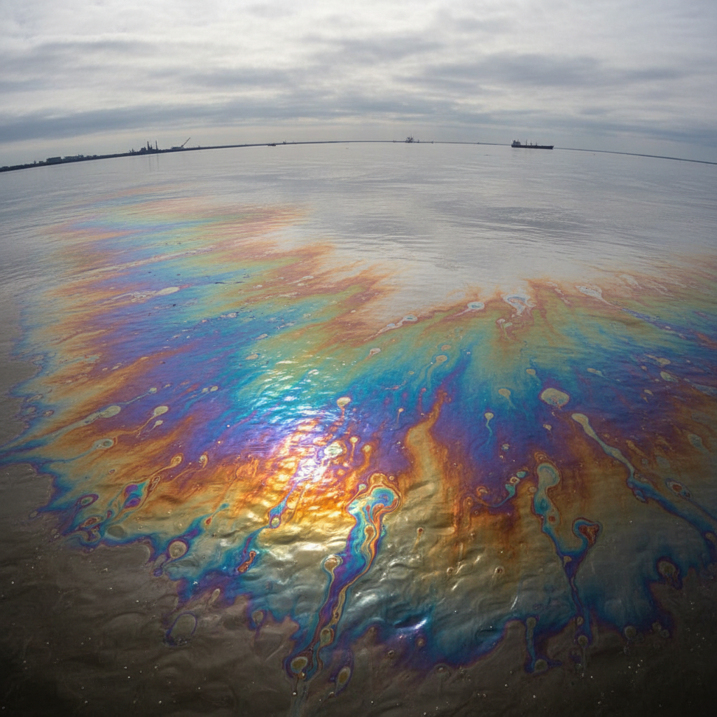 Oil-contaminated water surface with rainbow sheen showing industrial pollution