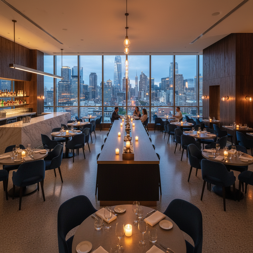 Modern 2024 restaurant interior with warm candlelit ambiance and city view