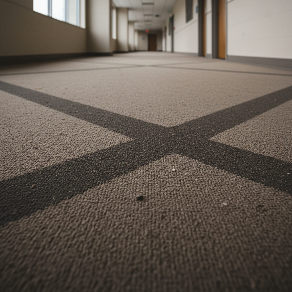 Heavily soiled carpet with dark stains, traffic lanes, and years of embedded dirt before professional cleaning