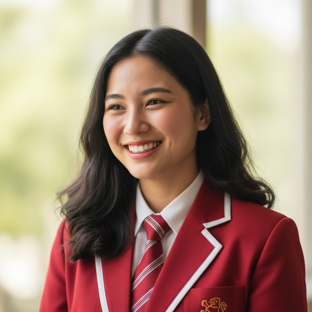 Anak perempuan berambut panjang tersenyum lebar dengan seragam merah putih