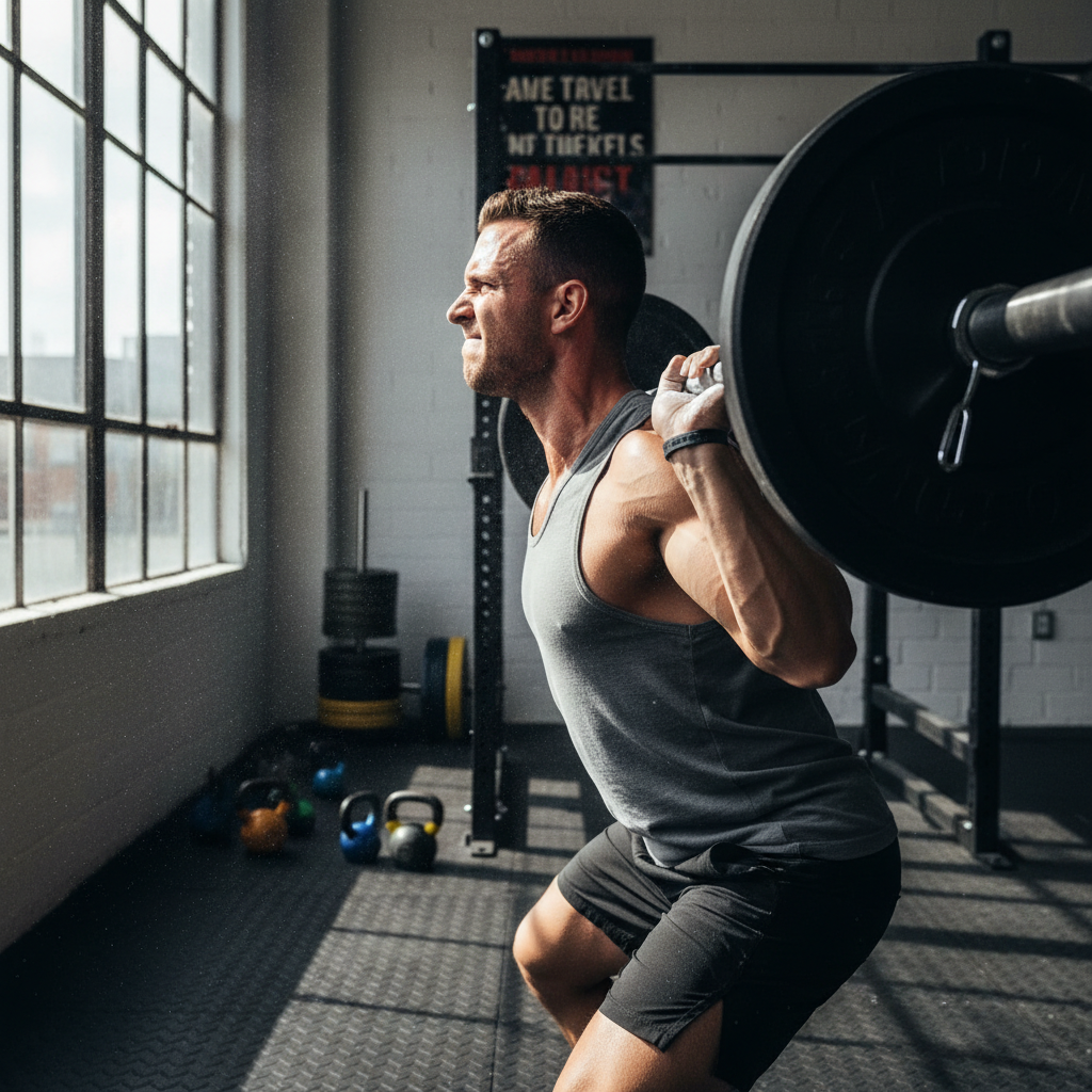 Athlete performing heavy barbell squat in dimly lit gym, focused expression, chalk on hands, dark steel racks