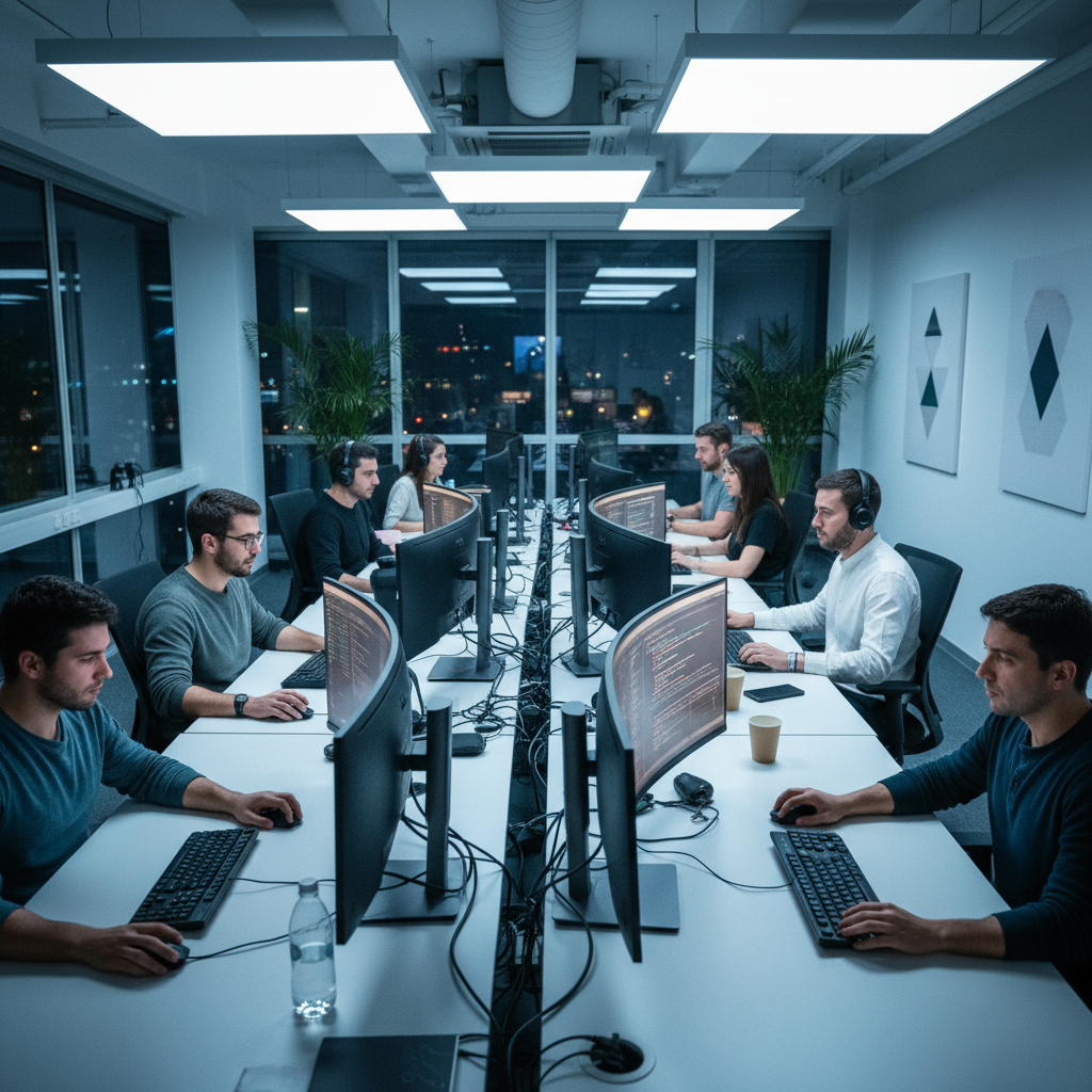 Startup team working in modern office at night