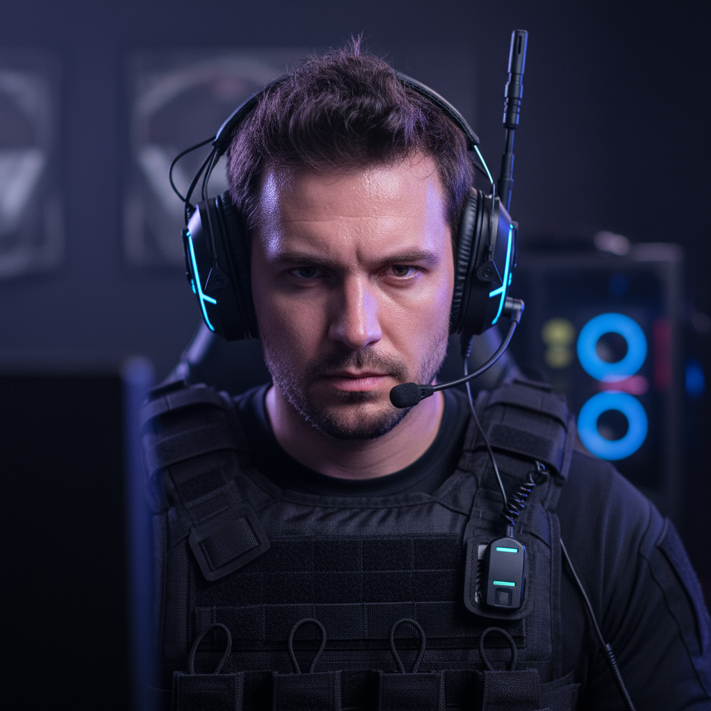 Male operator with short dark hair in tactical gear, serious expression, dark background