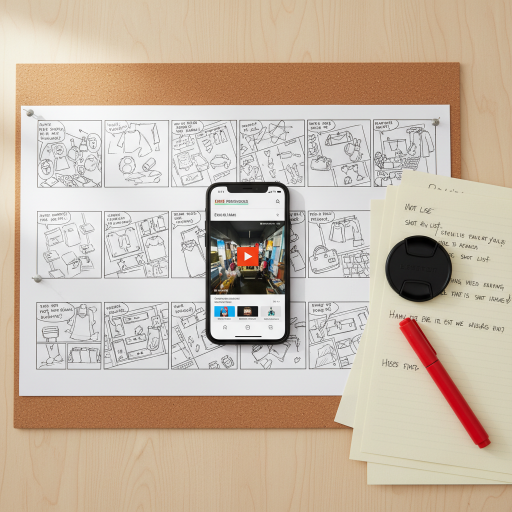 Production flat-lay: storyboard pinned under a smartphone playing a retail video, lens cap on shot list, red marker beside handwritten notes