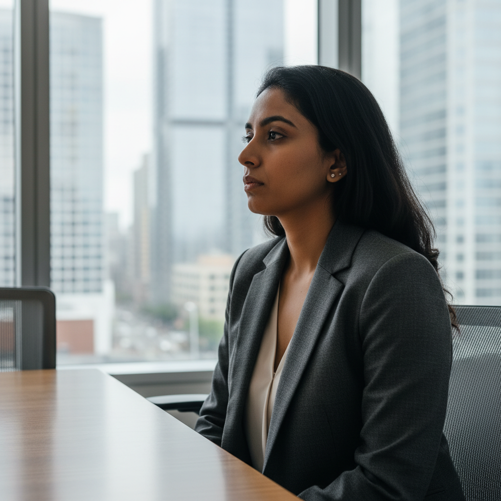 Indian woman in burgundy blazer with professional demeanor in bright modern workspace