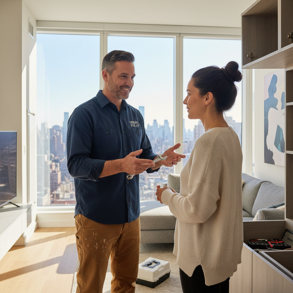 Handyman explaining repair work to a homeowner in a bright NYC apartment