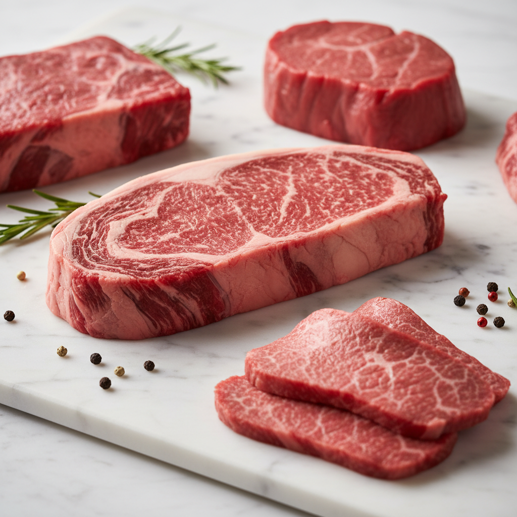 Luxury meal kit with premium ingredients elegantly arranged on a marble surface
