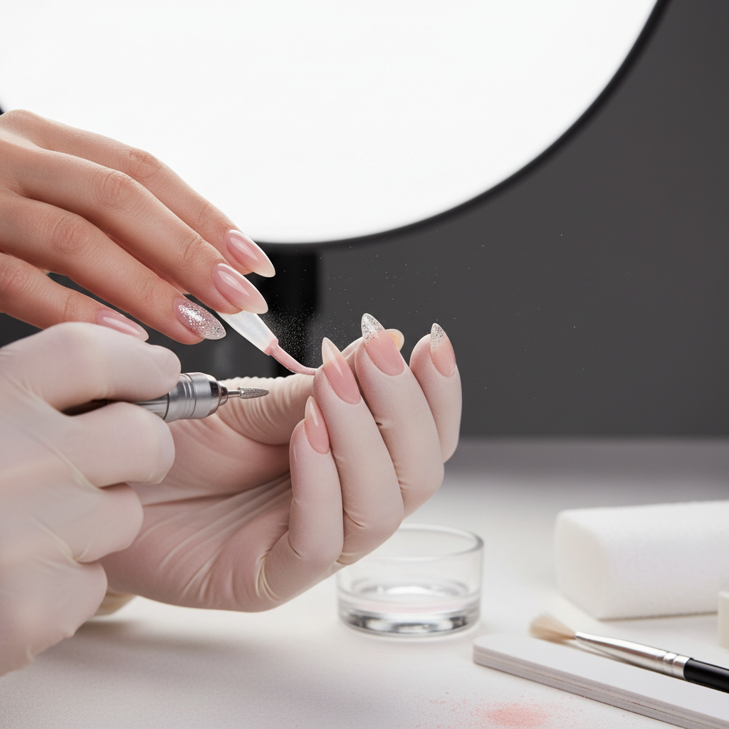 Luxury acrylic nail set with glossy finish on dark background, professional studio lighting
