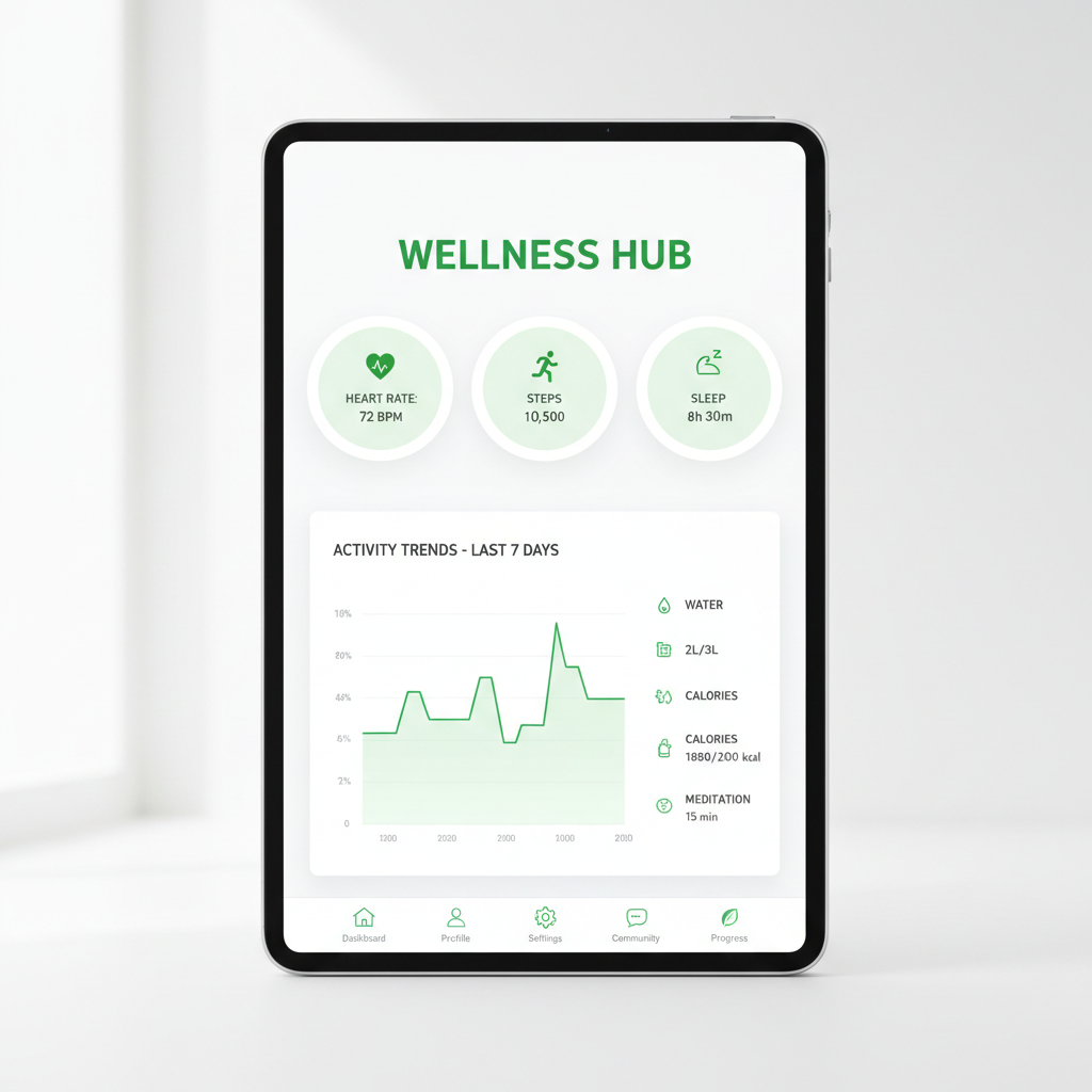 Wellxa mobile app interface showing health dashboard with metrics and doctor booking screen, clean purple UI on smartphone