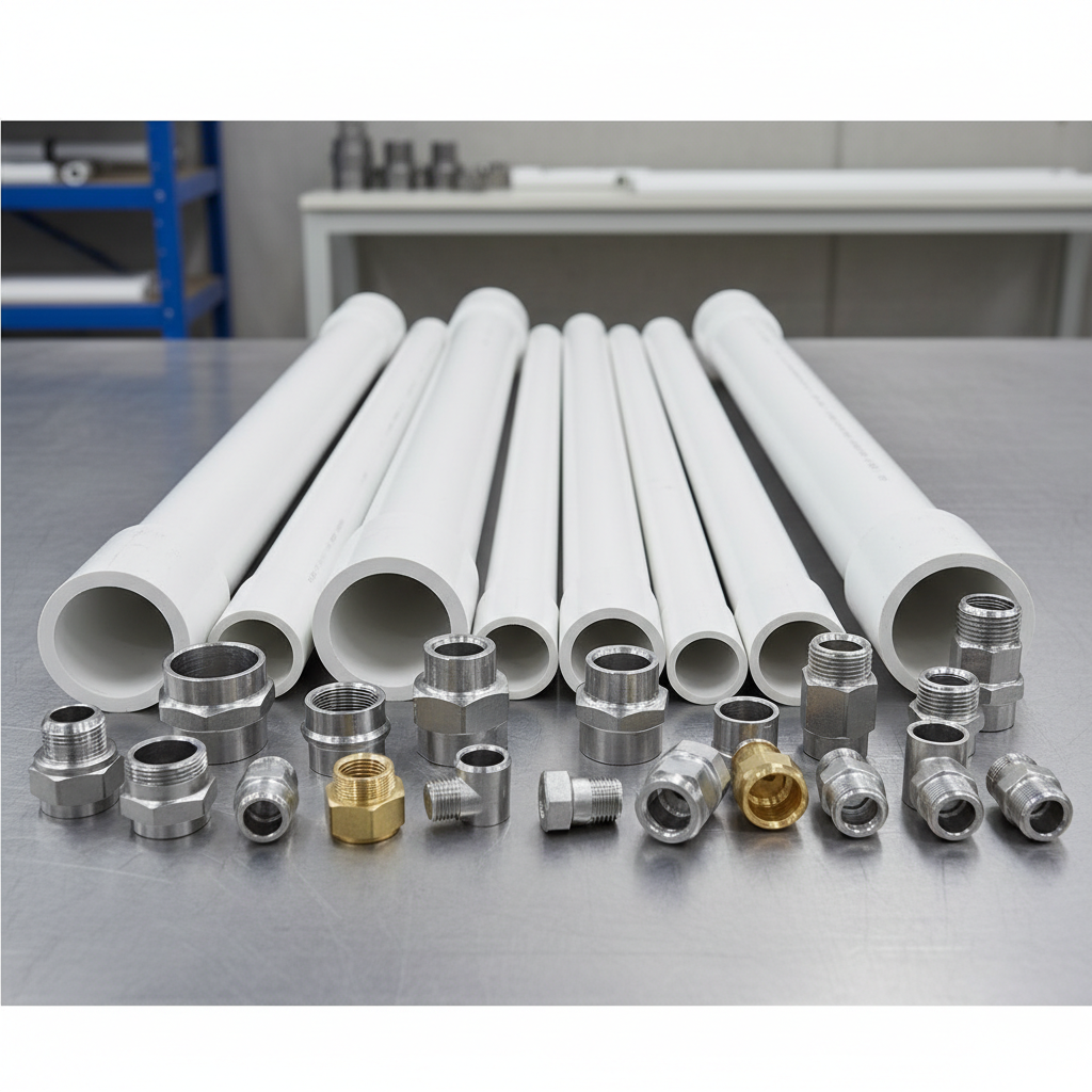 Grey PVC drainage pipe fittings in bright workshop, clean industrial setting