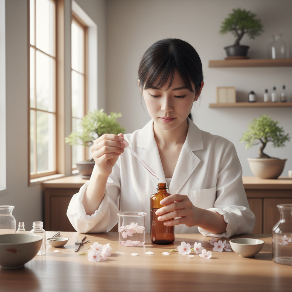 Japanese associate perfumer Yuki Tanaka delicately working with cherry blossom extracts in a minimalist Kyoto studio