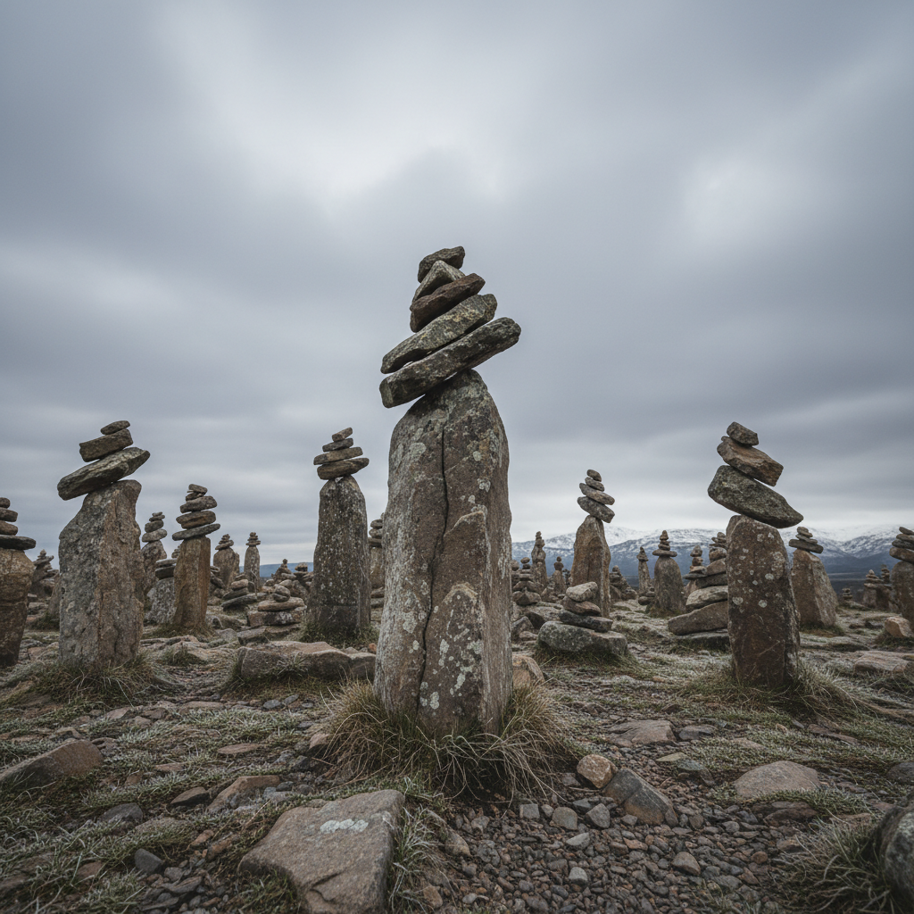Cairn Array seen from below, elements against grey winter sky