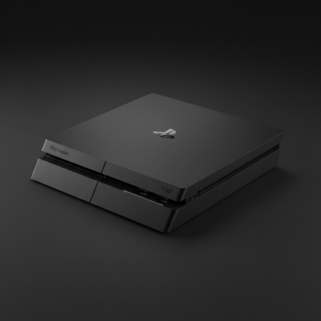 PlayStation 4 Slim black console on dark background with controller