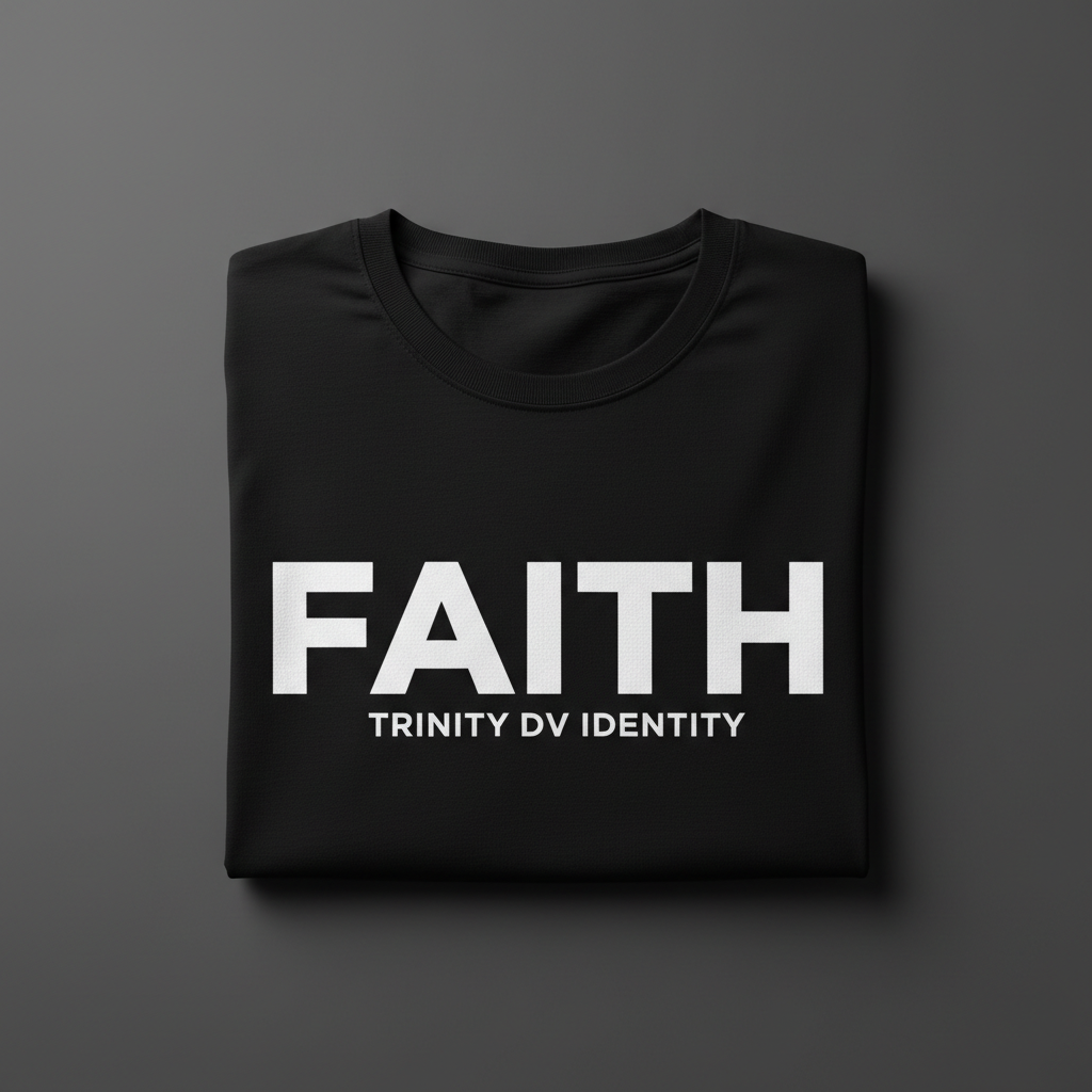 Black custom printed t-shirt with bold white faith-based text design on dark studio background