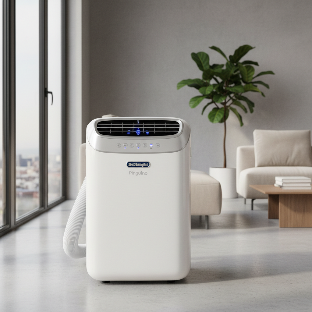De'Longhi Pinguino portable air conditioner in a bright modern living room