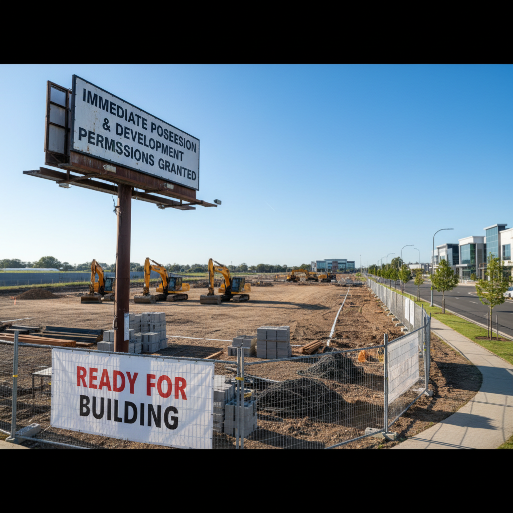 Tall unipole billboard structure under construction near highway, industrial equipment, clear sky