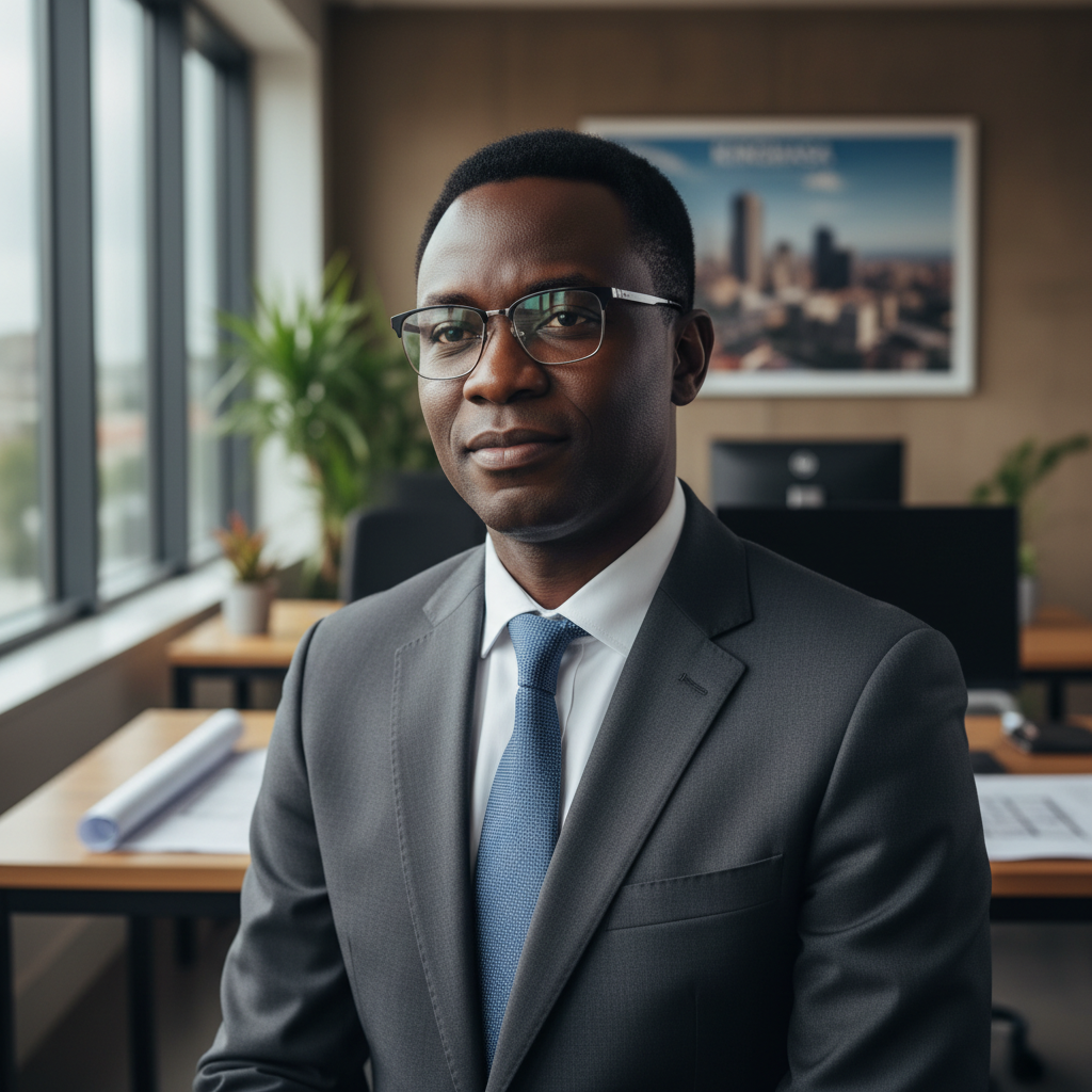Professional African male government official in formal attire, warm office lighting