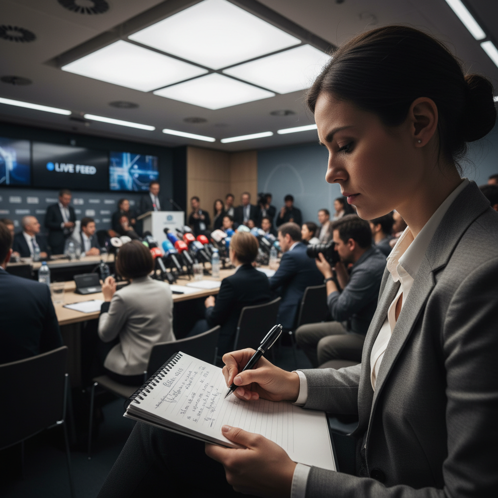 Journalist taking notes in a crowded press conference room