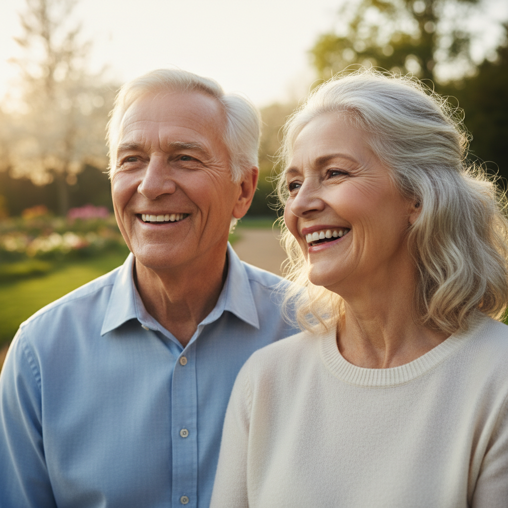 Happy couple in their 50s laughing together outdoors in warm afternoon light, well-dressed, authentic connection and joy, bright background