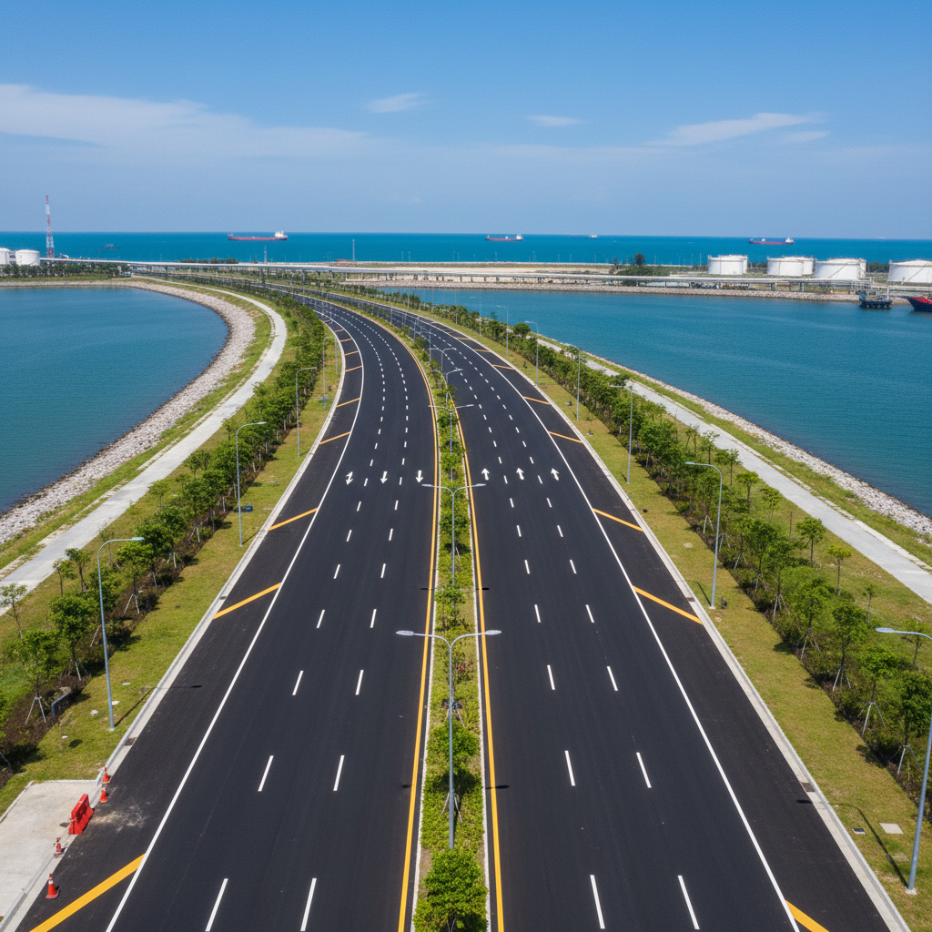 Aerial drone view of completed Jurong Island access road showing pristine new surface ready for tanker operations