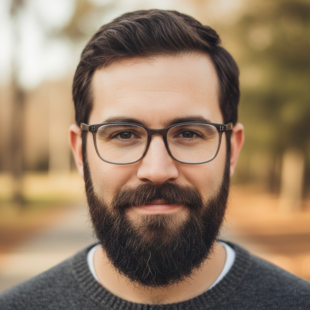 Portrait of James, a man with a neat beard and glasses, confident expression