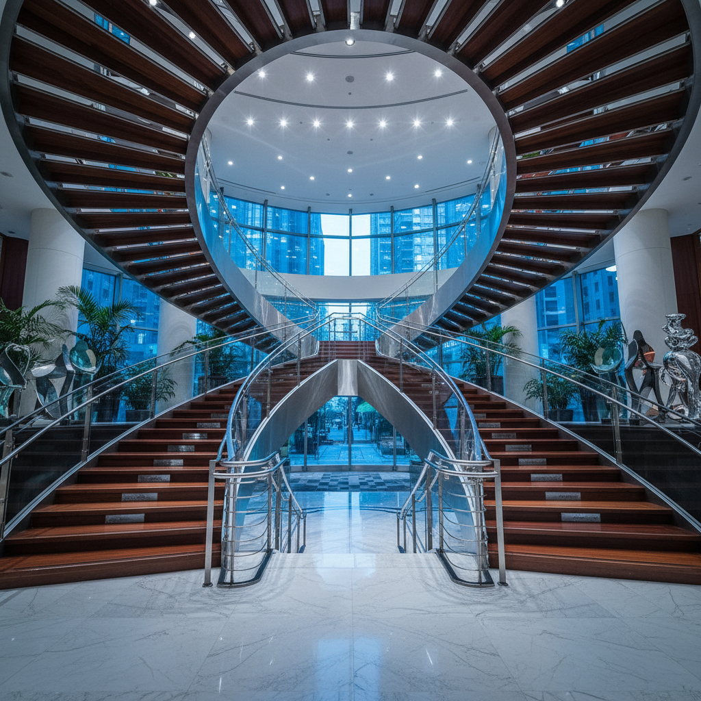 Grand commercial staircase in a boutique hotel lobby, dramatic lighting, steel and hardwood construction