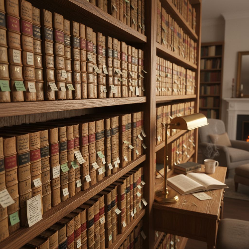 Rows of annotated books on a wooden shelf with warm reading lamp, handwritten page markers visible