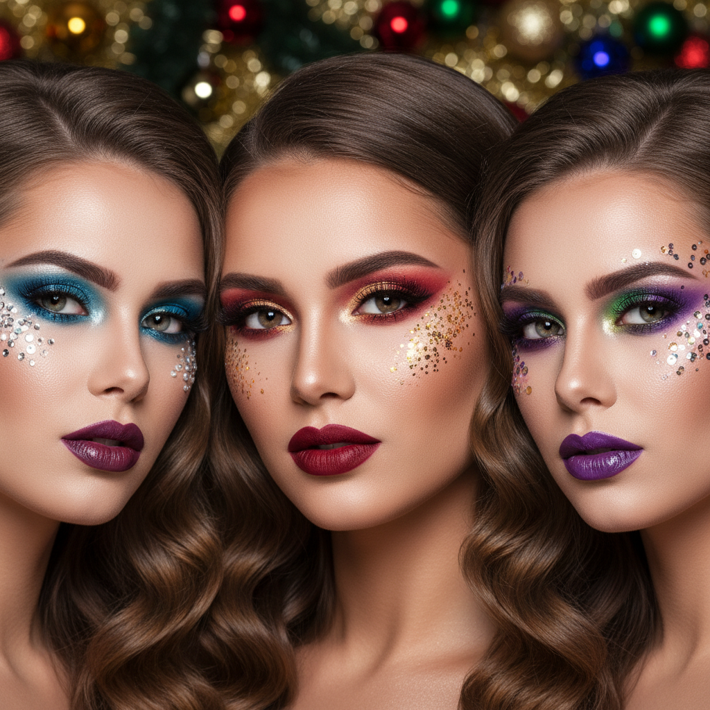 Glamorous party makeup with glitter and metallic accents, festive beauty look, warm golden atmospheric lighting