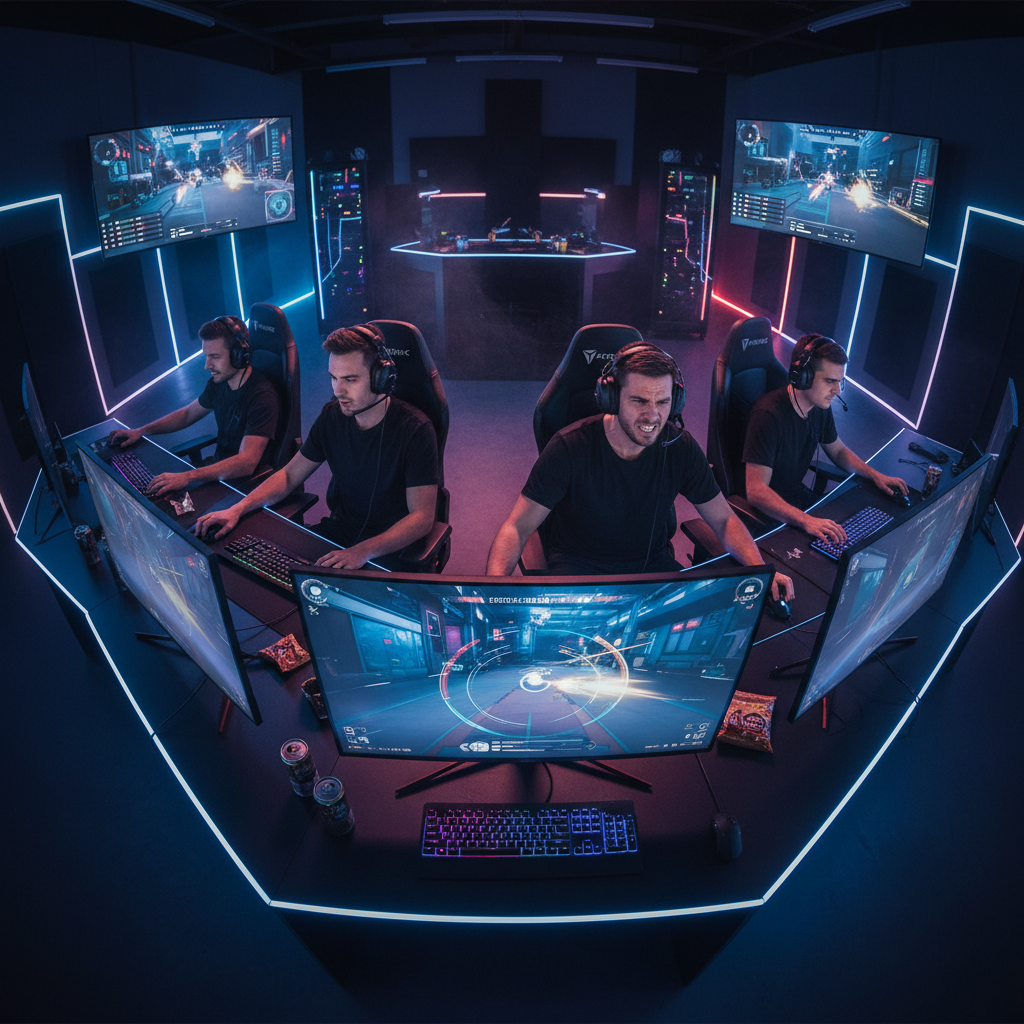 Dark atmospheric gaming screenshot with neon lighting, intense competitive gaming moment, dramatic shadows