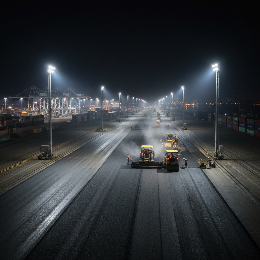 Night paving operation at industrial port facility with floodlit road rehabilitation work in progress