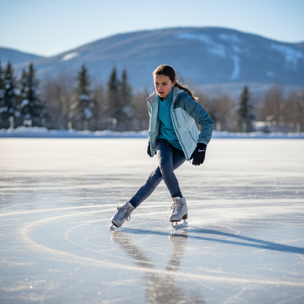 Girl on ice in a shaky half-lunge attempting forward crossovers
