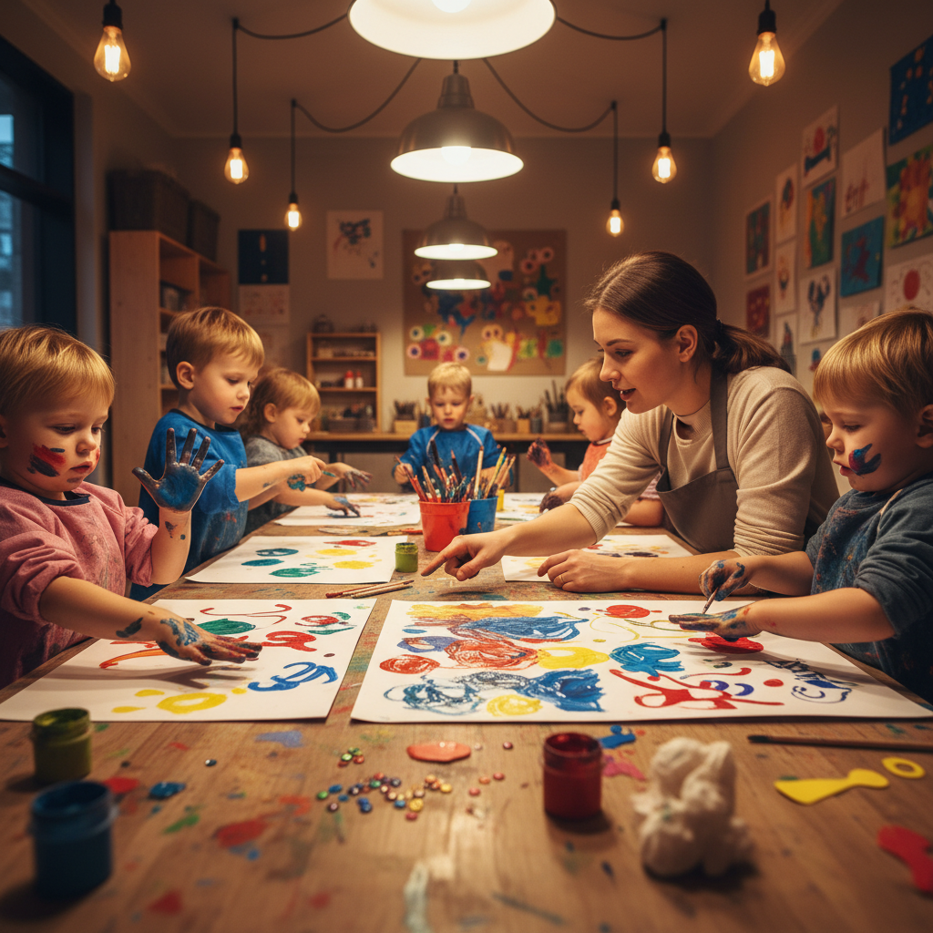 Kids at craft table with paint on their hands, staff member crouched at kid-height pointing at a colorful project, warm overhead lighting