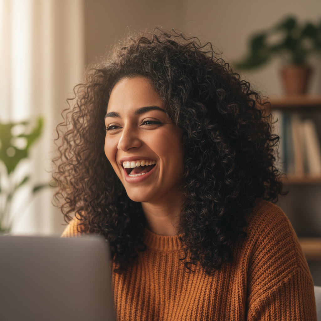 Sofia Reyes-Morales, a Latina woman with curly dark hair, laughing while looking at a laptop screen