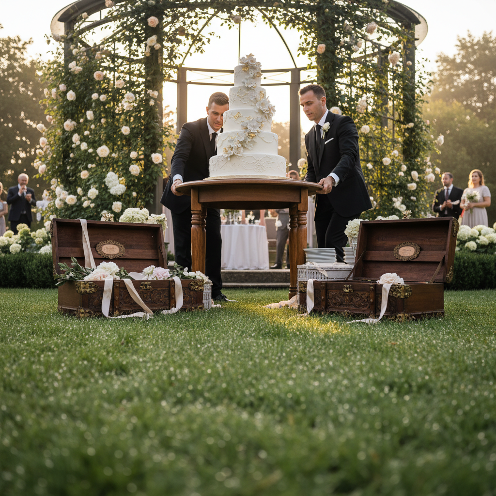 Wedding cake being placed at venue in morning light, warm boxes open among wet garden grass