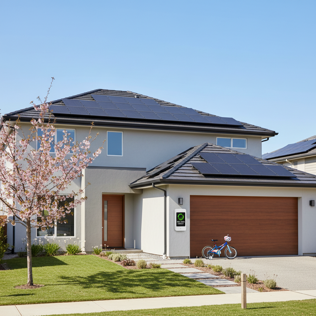 Same suburban home with flush-mounted black solar panels, digital net-zero meter, and kid's bicycle leaning against garage — after SolarRoof installation