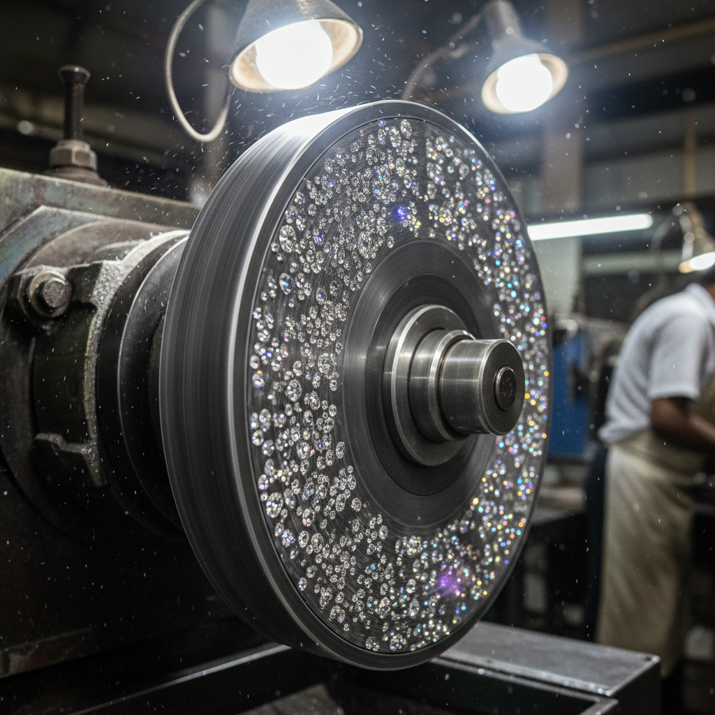 Diamond polishing wheel with sparkling gems in a Surat diamond unit