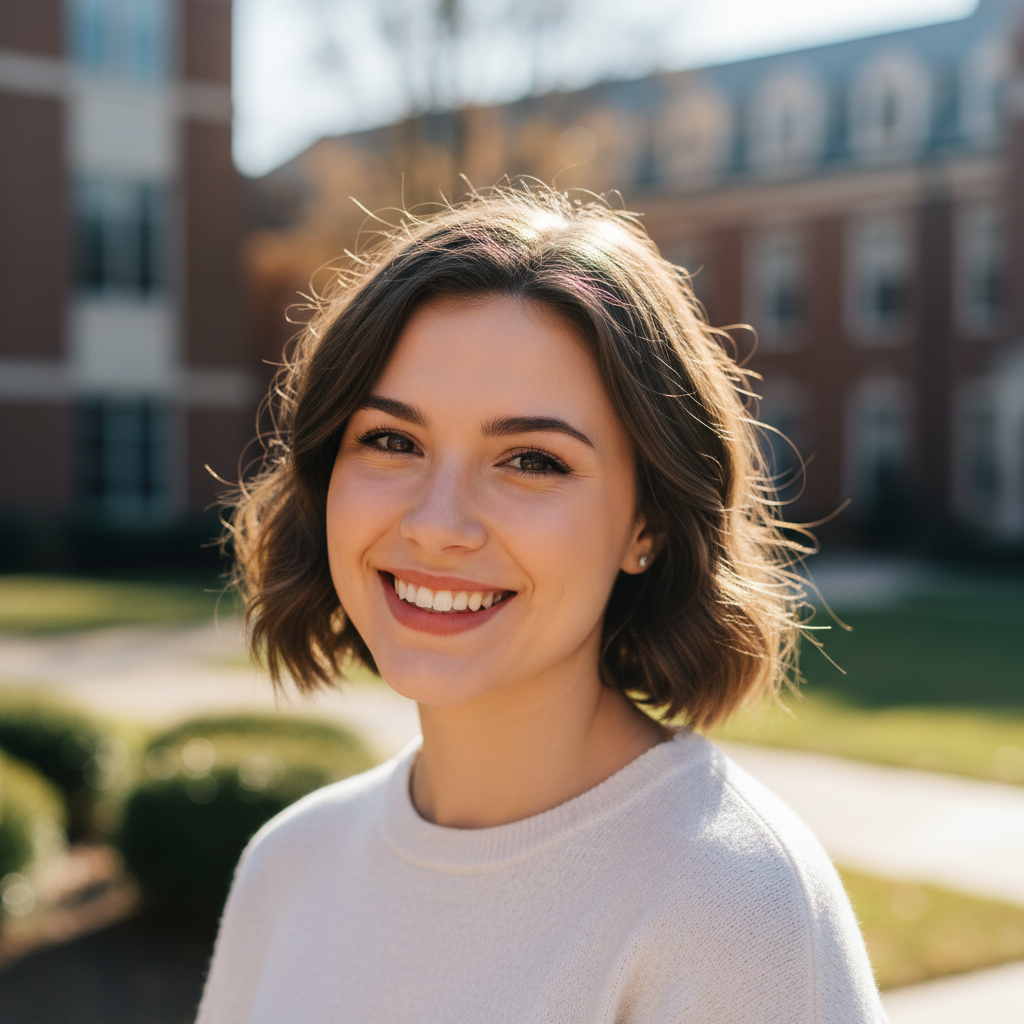 Young woman with confident smile, university campus background