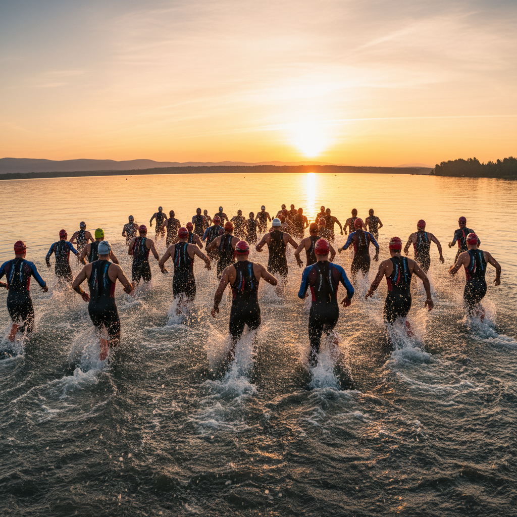 Fifty triathletes running into a lake at sunrise, water exploding around their knees