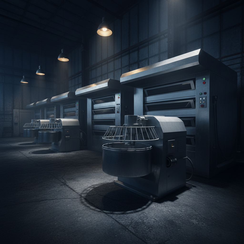 Industrial food production facility with stainless steel equipment, dim overhead lighting, dark background, moody atmospheric tones