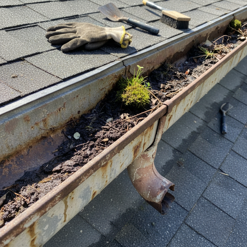 Inspector on roof with gutter cleaning equipment removing debris from heritage terrace
