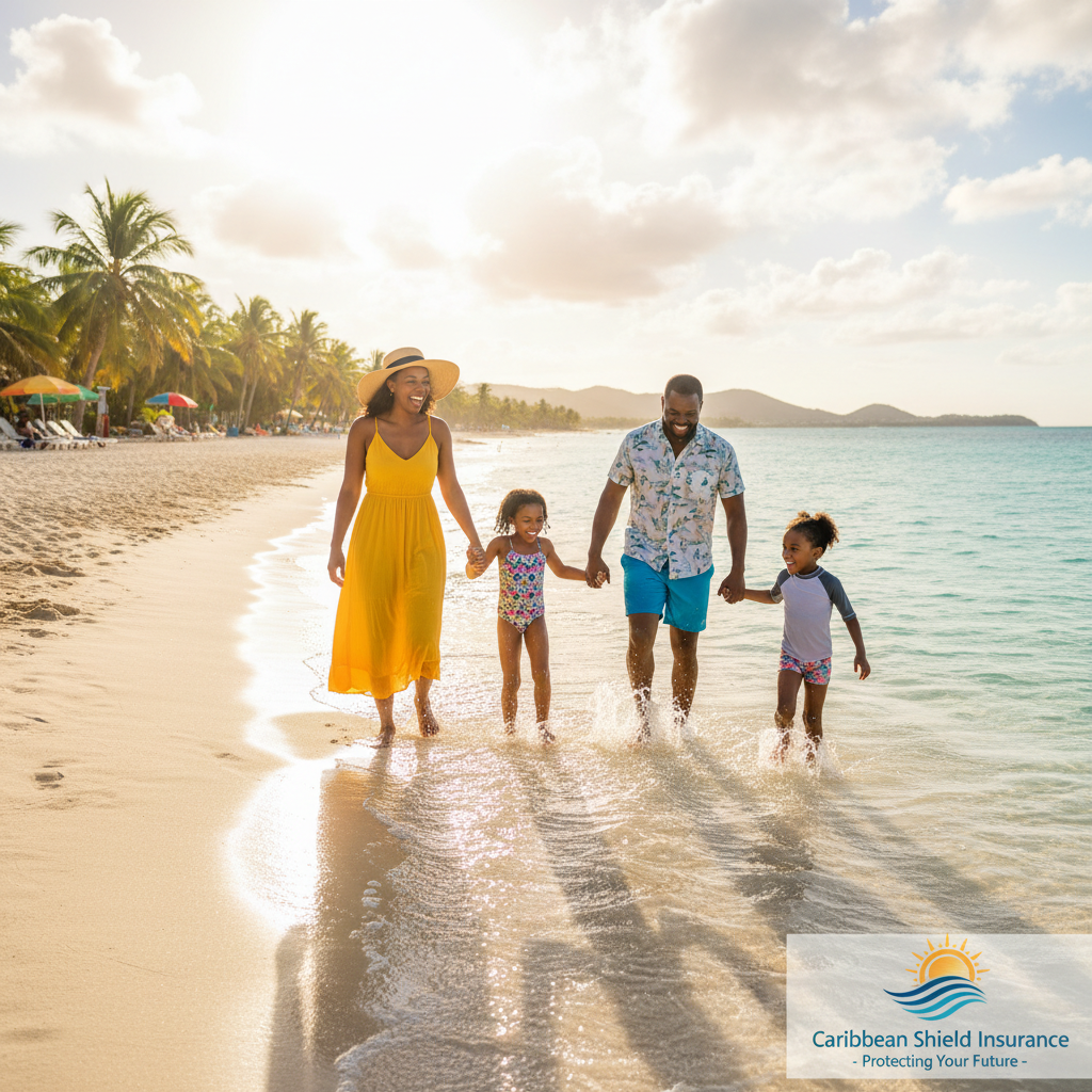 Happy family with young children laughing and playing in shallow warm ocean waves on sunny beach
