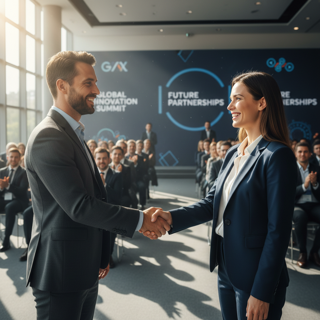Handshake between founders at a conference