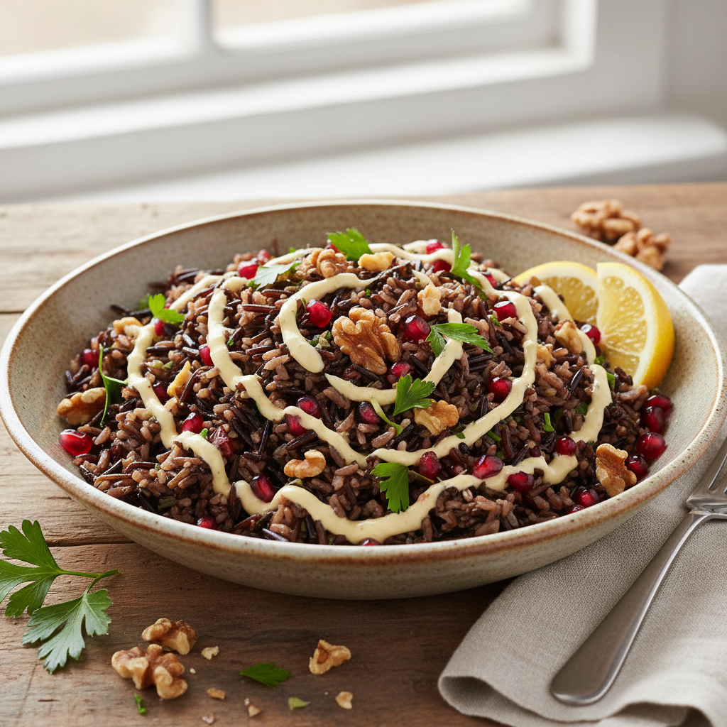 Wild rice salad in a wide bowl scattered with ruby pomegranate seeds, toasted walnuts, fresh parsley, and a lemon tahini drizzle
