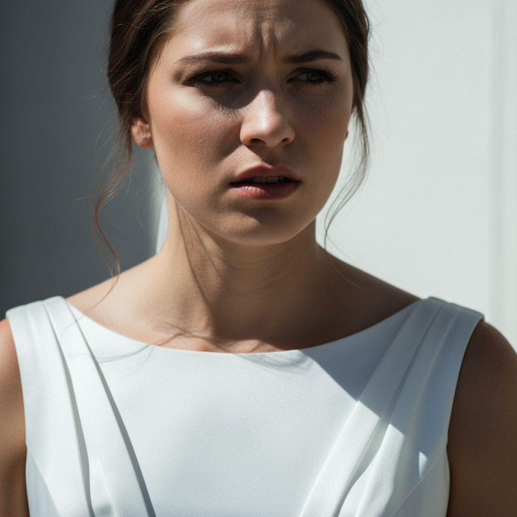Bride looking uncertain in stark white gown under harsh lighting