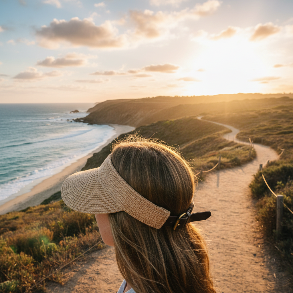 Adjustable visor worn on coastal trail at golden hour, fabric catching warm light