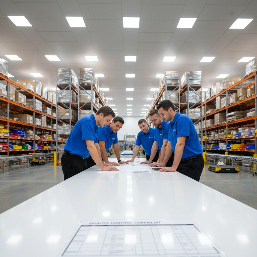 ApplianceHub distribution team in bright modern warehouse reviewing product inventory with confidence