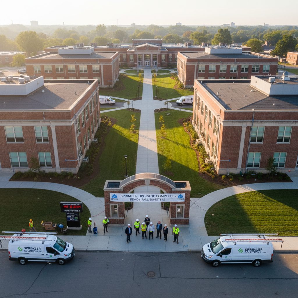 School hallway with lockers and fluorescent ceiling lights, institutional building with fire safety equipment visible overhead