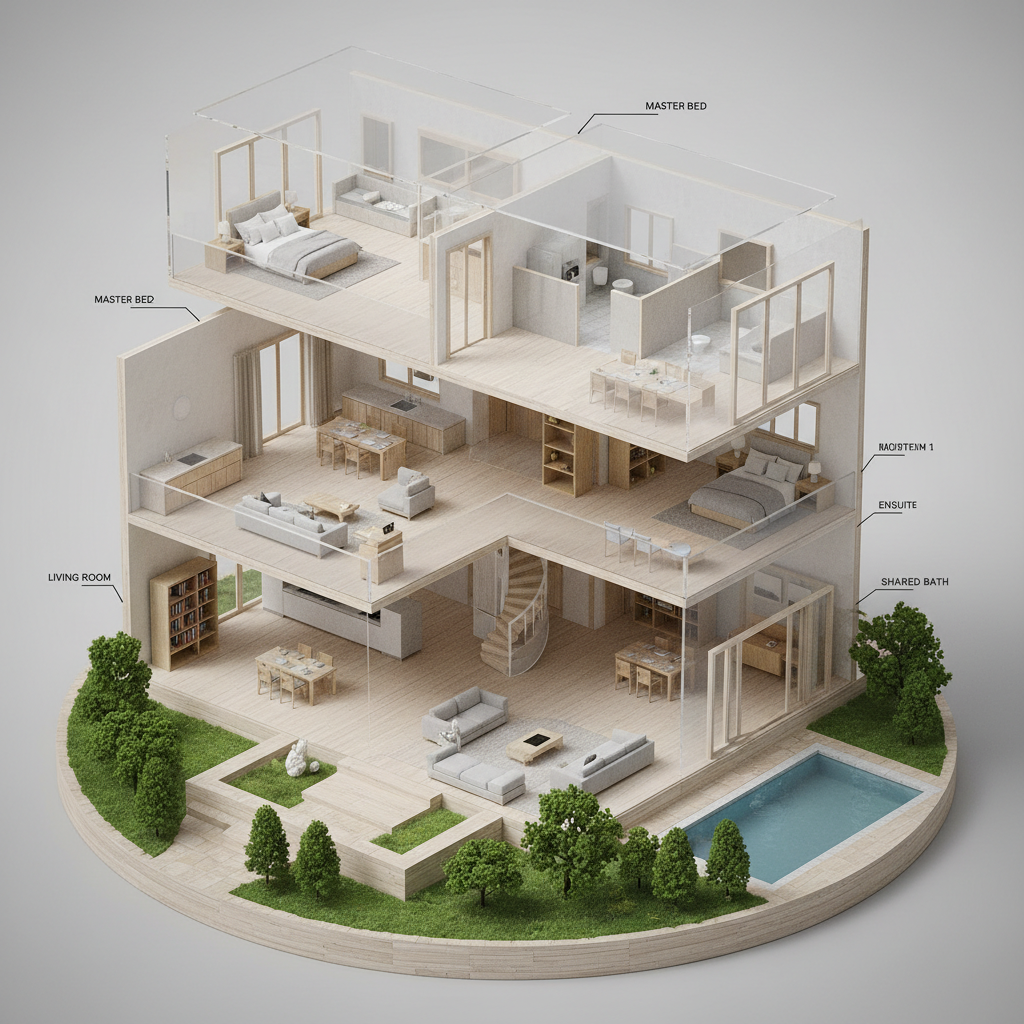 3D dollhouse architectural overview of a two-story home showing all rooms from aerial perspective